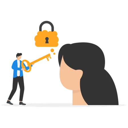 Businessman holding key unlocking another woman mind  Illustration