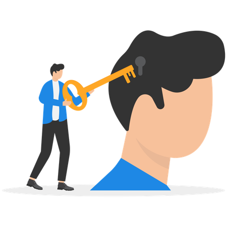 Businessman holding key unlocking businessman mind  Illustration