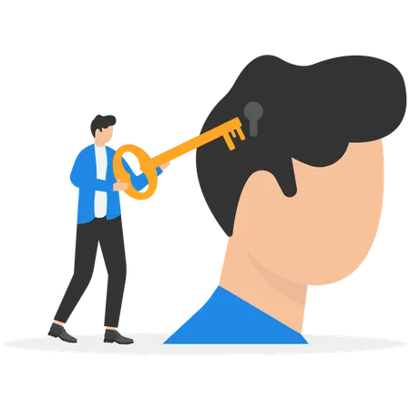 Businessman holding key unlocking businessman mind  Illustration