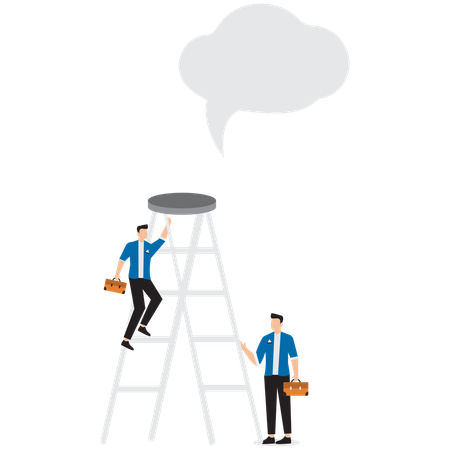 Businessman holding ladder and being able to accurately reach speech bubble  Illustration