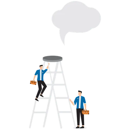 Businessman holding ladder and being able to accurately reach speech bubble  Illustration