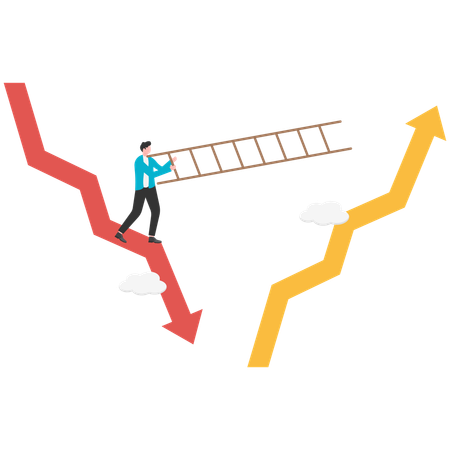 Businessman holding ladder trying to climb from falling arrow to rising red arrow  Illustration