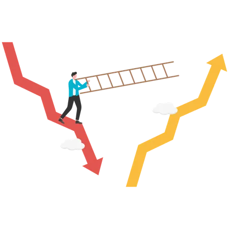 Businessman holding ladder trying to climb from falling arrow to rising red arrow  Illustration