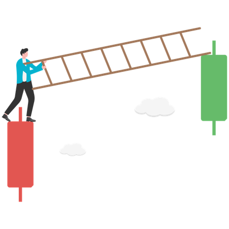 Businessman holding ladder trying to climb from falling arrow to rising red arrow  Illustration