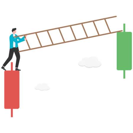 Businessman holding ladder trying to climb from falling arrow to rising red arrow  Illustration