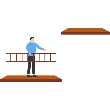 Businessman holding ladder will climb to the higher cliff  Illustration