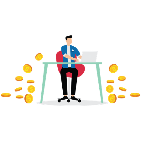 Businessman holding laptop and coins scattered around him  Illustration