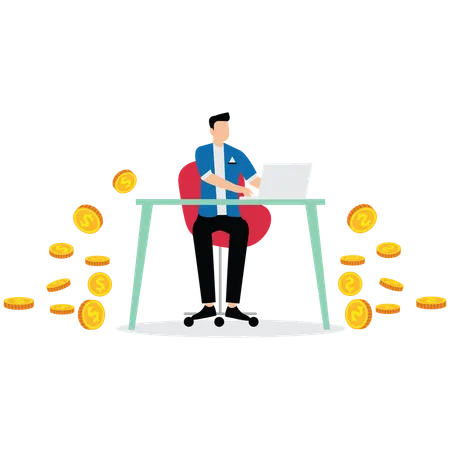 Businessman holding laptop and coins scattered around him  Illustration