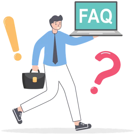 Businessman holding laptop and standing near big question mark  Illustration