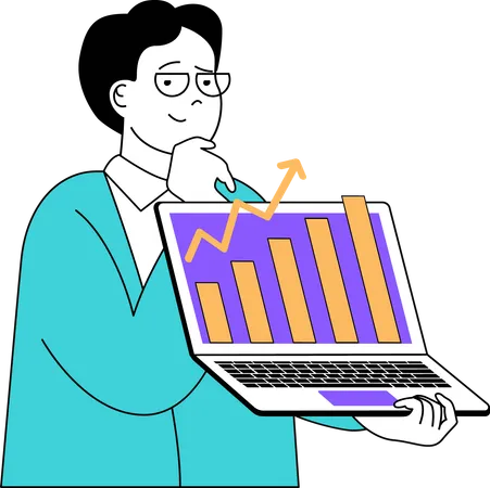 Businessman holding laptop while doing business analysis  Illustration
