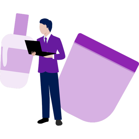 Businessman holding laptop while working on beauty product  Illustration