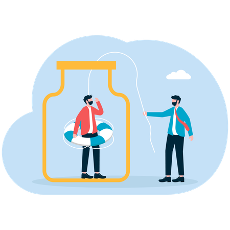 Businessman holding lifebuoy into glass bottle to help businessman climb out of bottle  Illustration