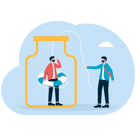 Businessman holding lifebuoy into glass bottle to help businessman climb out of bottle  Illustration