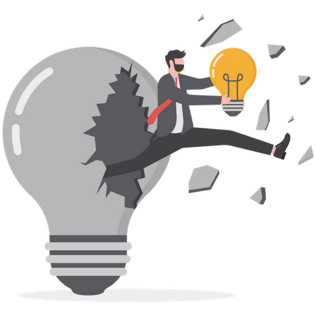 Businessman holding light bulb and jumping out of broken light bulb  Illustration