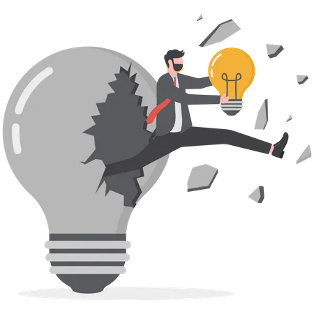Overcoming Obstacles Businessman Holding A Light Bulb And Jumping Out Of A Broken Light Bulb Illustration