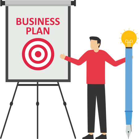 Businessman holding light bulb idea pencil about to write business plan on whiteboard  Illustration