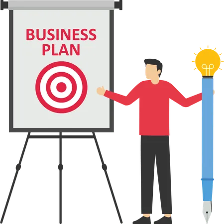 Businessman holding light bulb idea pencil about to write business plan on whiteboard  Illustration