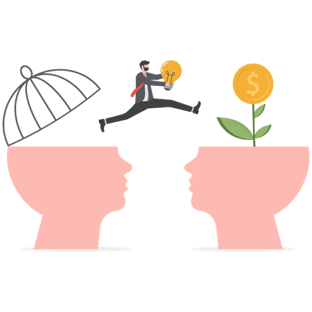 Businessman holding light bulb idea with jumping from move on different fixed mindset to growth mindset on head human  Illustration