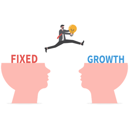 Businessman holding light bulb jumping to growth mindset head different fixed mindset  Illustration