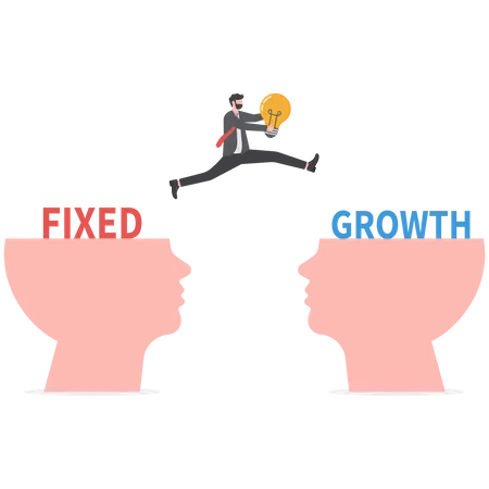 Businessman Holding Light Bulb Jumping To Growth Mindset Head Different Fixed Mindset Concept Illustration