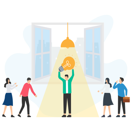 Businessman holding light bulb sharing new idea with colleagues  Illustration