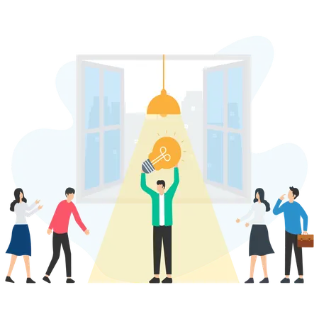 Businessman holding light bulb sharing new idea with colleagues  Illustration