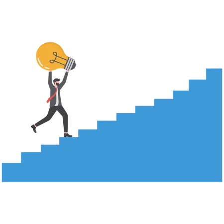 Businessman holding light bulb walking up the stairs  Illustration