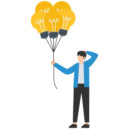 Businessman holding lightbulb ideas balloon telling helpful tips  Illustration