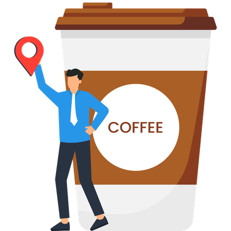 Businessman Holding Location Pin Near Giant Coffee Cup  Illustration