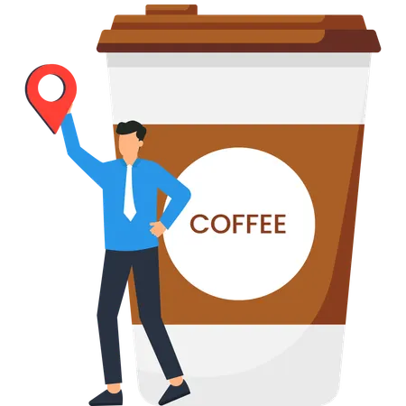 Businessman Holding Location Pin Near Giant Coffee Cup  Illustration