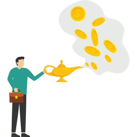 Businessman holding magic lamp while getting financial freedom  Illustration