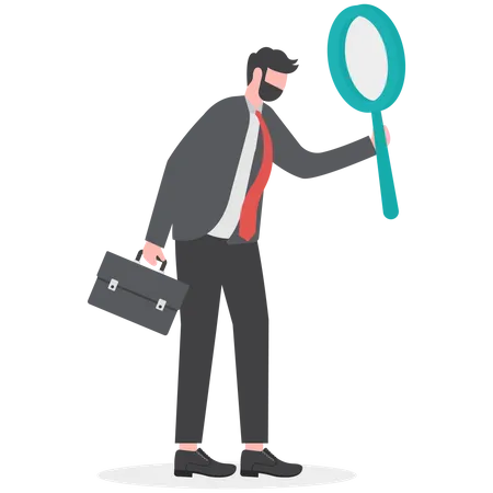 Search Discover Analyze Report Or Specialist Investigate And Research For Insight Information Concept Curiosity Guy Detective Holding Huge Magnifying Glass And Thinking About Evidence And Result Illustration