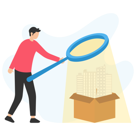 Businessman holding magnifying glass focusing on buildings in cardboard box  Illustration