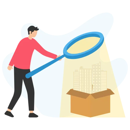 Businessman holding magnifying glass focusing on buildings in cardboard box  Illustration
