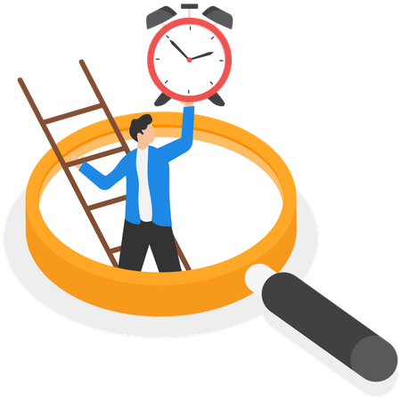 Businessman holding magnifying glass looking at alarm clock  Illustration