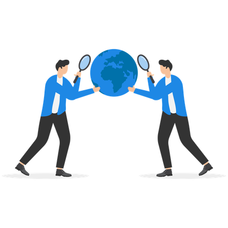 Businessman holding magnifying glass over world map  Illustration