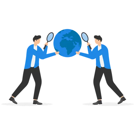 Businessman holding magnifying glass over world map  Illustration