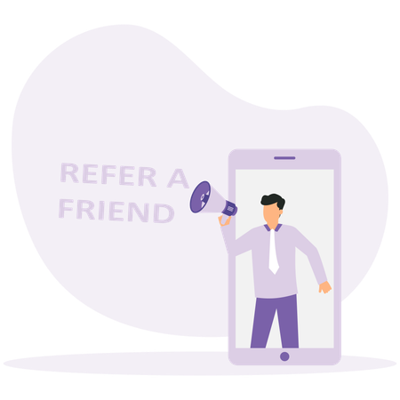 Businessman holding megaphone while doing online Refer friend shout  Illustration