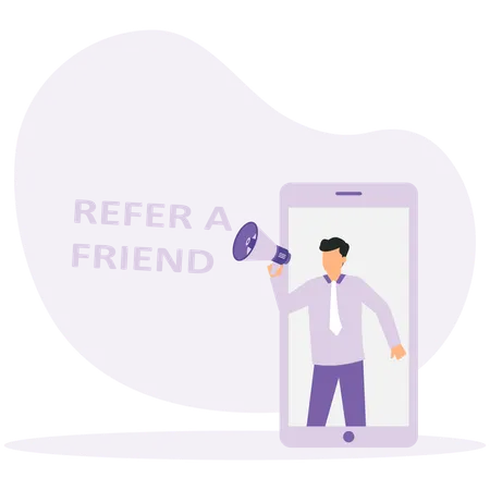 Businessman holding megaphone while doing online Refer friend shout  Illustration