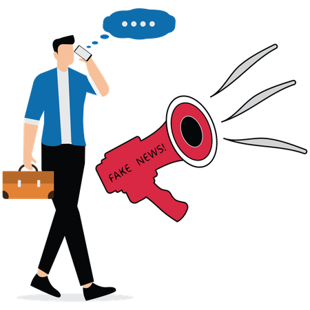 Businessman holding mobile near megaphone and there word fake  Illustration