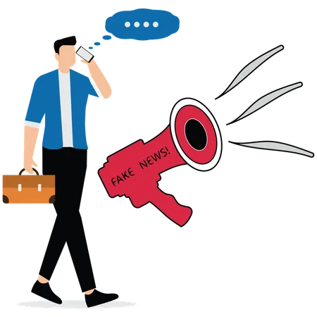 Businessman holding mobile near megaphone and there word fake  Illustration