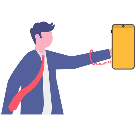Businessman holding mobile while hands tie with hand calf  Illustration