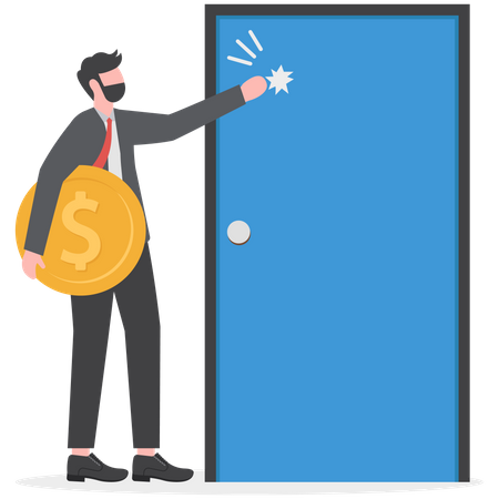 Businessman holding money banknotes knocking on door  Illustration