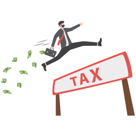 Businessman holding money briefcase pole vault jump over the word TAX  Illustration