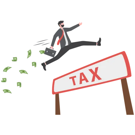 Businessman holding money briefcase pole vault jump over the word TAX  Illustration