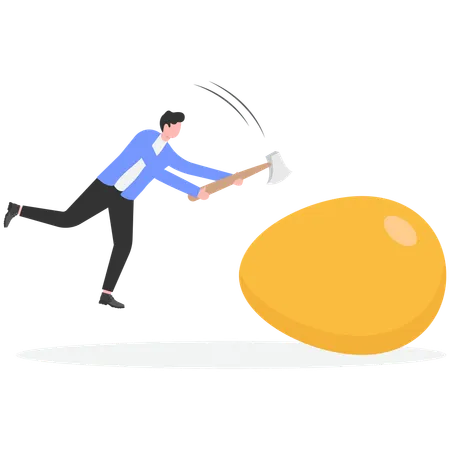 Businessman holding nail hammer broke egg  Illustration