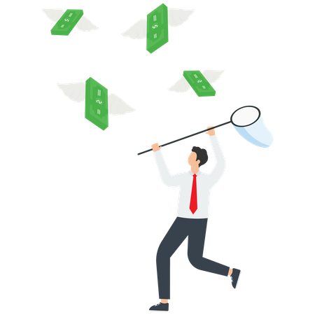 Businessman holding net catch flying away money  Illustration