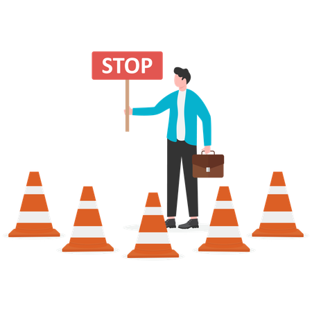 Businessman holding obstruction of way forward  Illustration