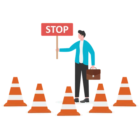 Businessman holding obstruction of way forward  Illustration