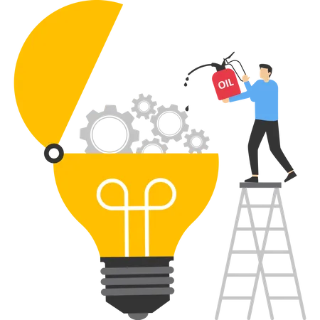 Businessman Holding A Wrench In The Gears Of A Light Bulb Opening Machine Repair Or Organize To Help The Flow Of Ideas The Concept Of Improving The Way Of Thinking To Generate Ideas Illustration